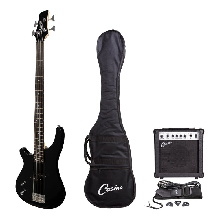 Casino '24 Series' Left Handed Tune-Style Electric Bass Guitar and 15 Watt Amplifier Pack (Black)