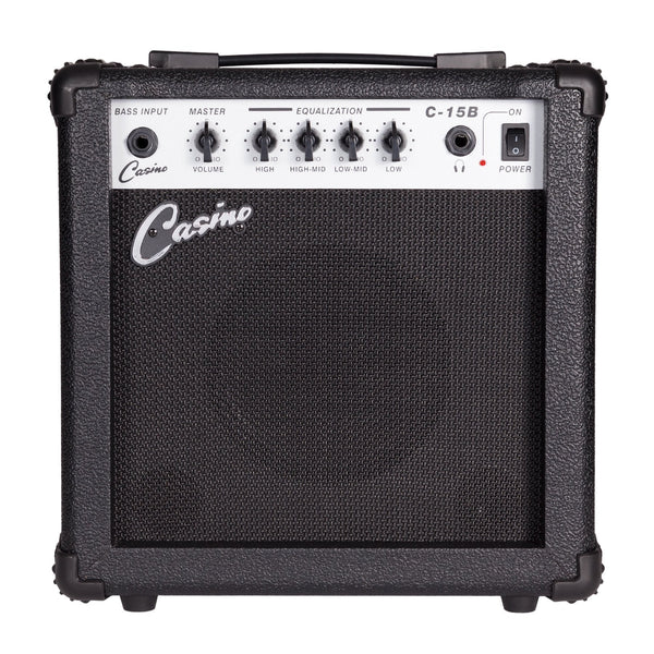 Casino '24 Series' Short Scale Tune-Style Electric Bass Guitar and 15 Watt Amplifier Pack (Black)