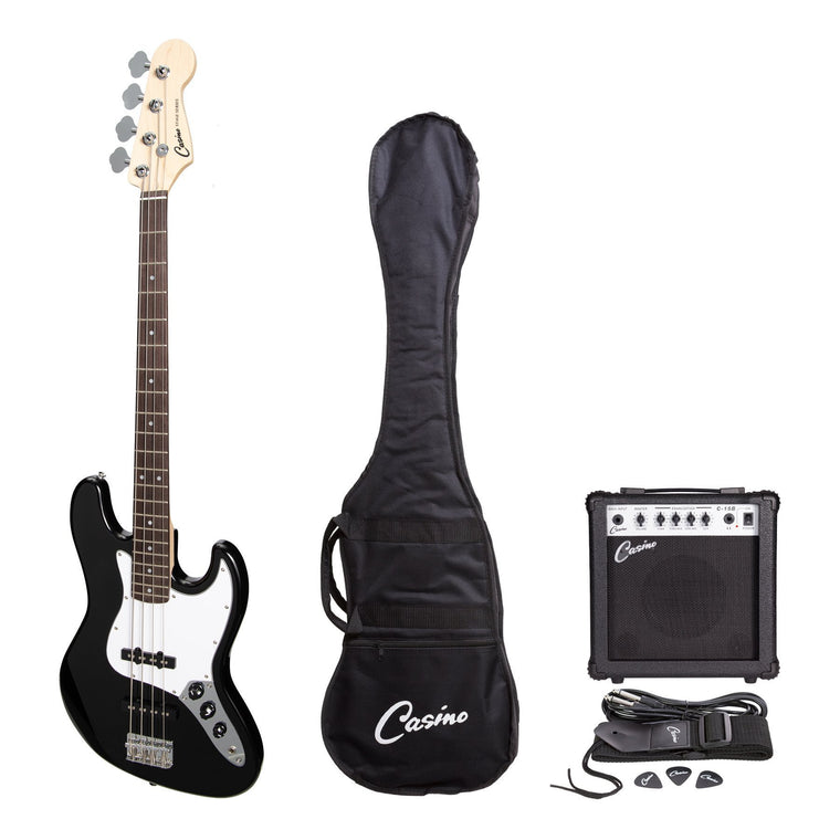 Casino J-Style Electric Bass Guitar and 15 Watt Amplifier Pack (Black)