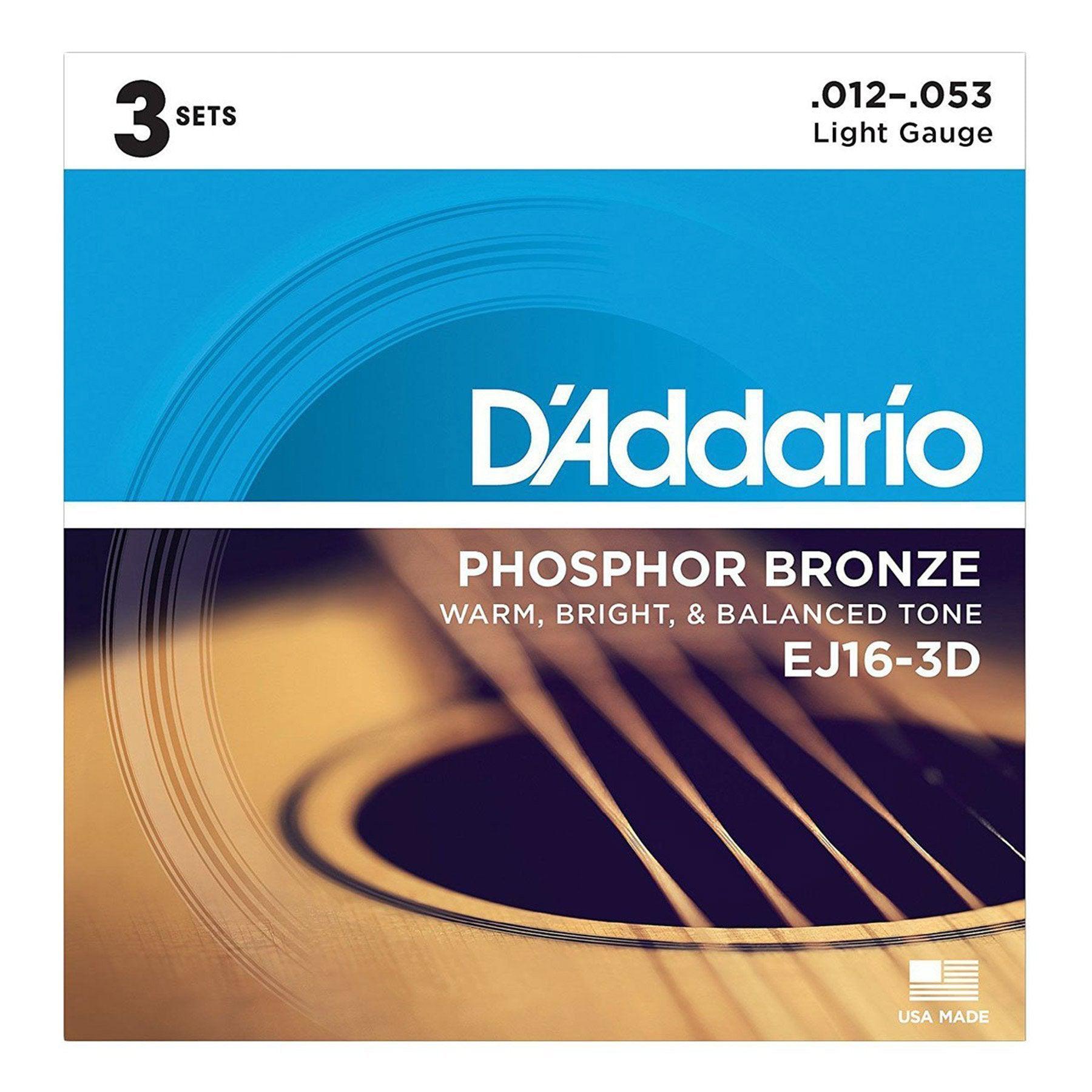 D'Addario EJ16-3D 3-Pack Light Phosphor Bronze Acoustic Guitar Strings (12-53)-EJ16-3D