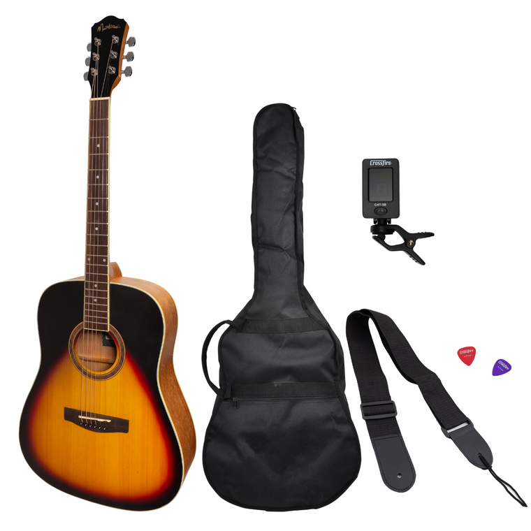 Martinez '41 Series' Dreadnought Acoustic Guitar Pack (Tobacco Sunburst)