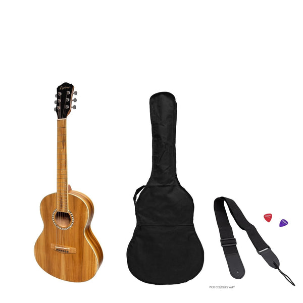 Martinez Acoustic 'Little-Mini' Folk Guitar Pack with Built-In Tuner (Jati-Teakwood)