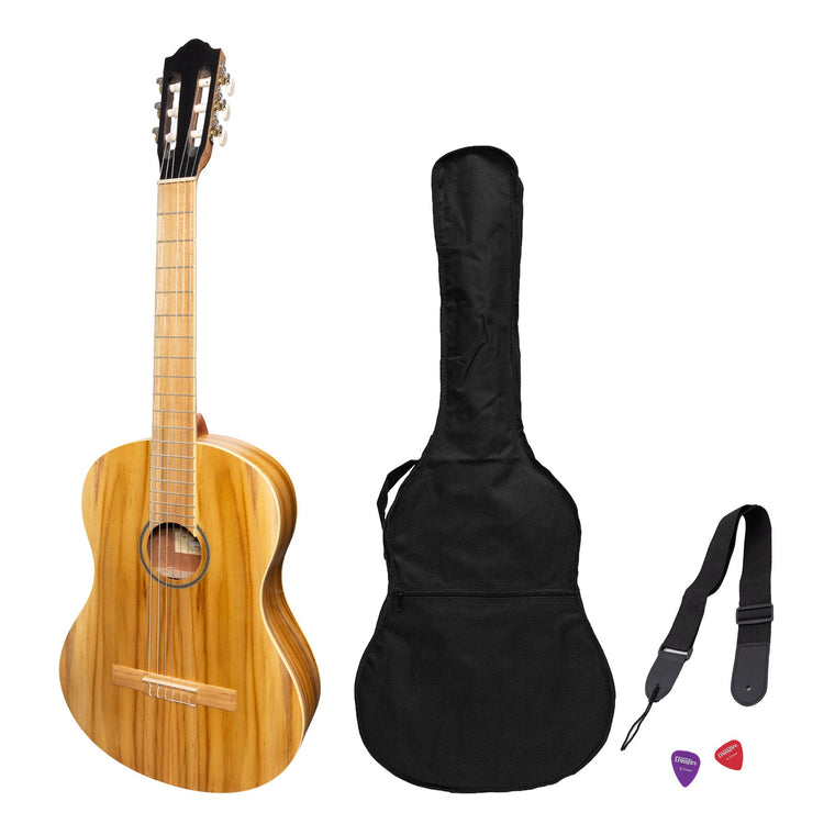 Martinez Full Size Student Classical Guitar Pack with Built In Tuner (Jati-Teakwood)