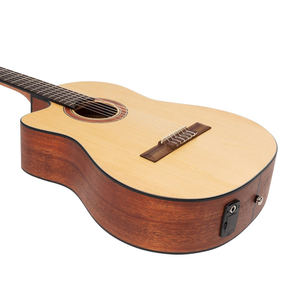 Martinez 'Natural Series' Left Handed Solid Spruce Top Acoustic-Electric Classical Cutaway Guitar (Open Pore)