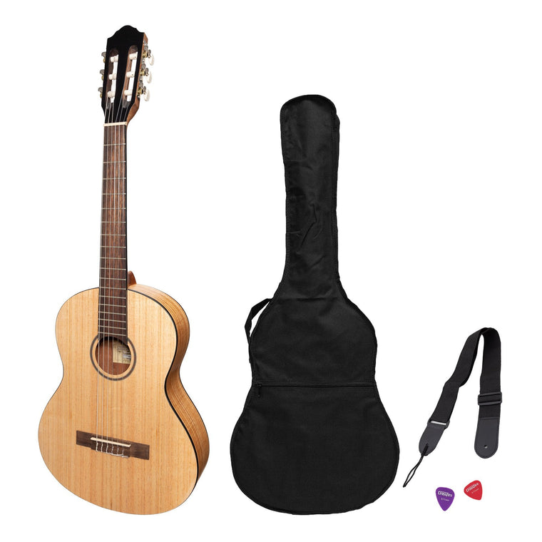 Martinez 'Slim Jim' 3/4 Size Student Classical Guitar Pack with Built In Tuner (Mindi-Wood)