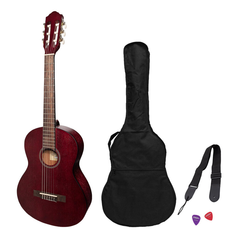 Martinez 'Slim Jim' 3/4 Size Student Classical Guitar Pack with Built In Tuner (Red)