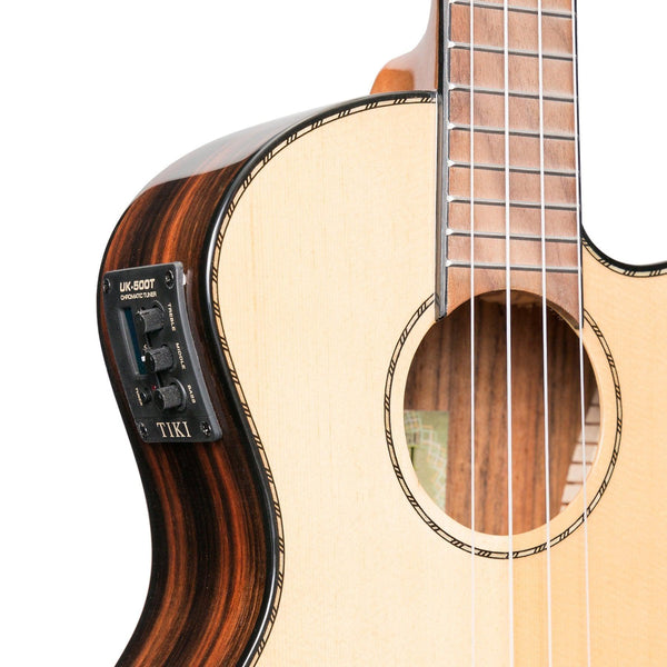 Tiki '22 Series' Spruce Solid Top Electric Cutaway Tenor Ukulele with Hard Case (Natural Gloss)