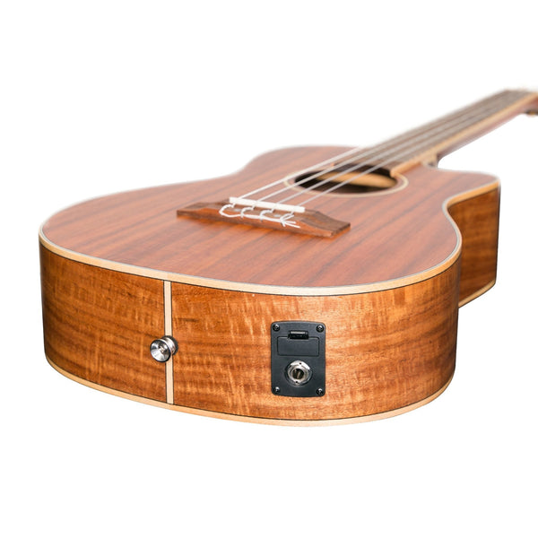 Tiki '9 Series' Koa Solid Top Electric Cutaway Baritone Ukulele with Hard Case (Natural Satin)