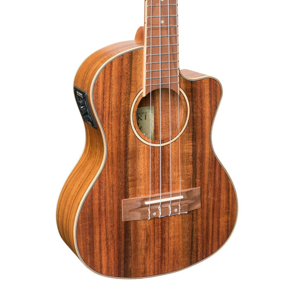 Tiki '9 Series' Koa Solid Top Electric Cutaway Tenor Ukulele with Hard Case (Natural Satin)