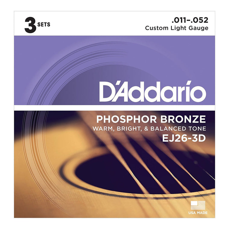 D'Addario EJ26-3D 3-Pack Custom Light Phosphor Bronze Acoustic Guitar Strings (11-52)